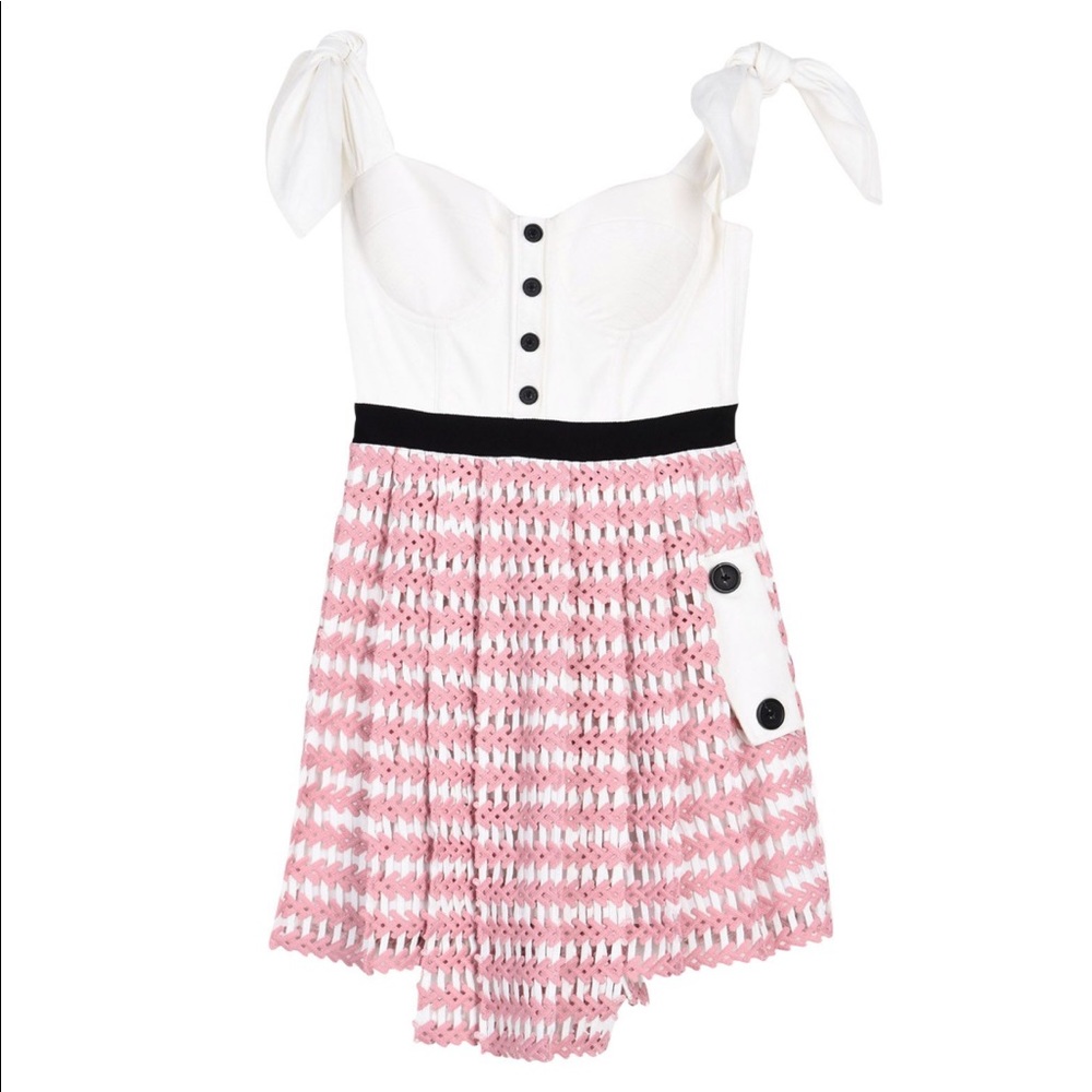 Self-Portrait White and Pink Tie-Shoulder Knit Fit-and-Flare Dress